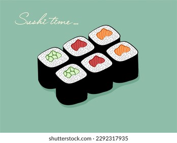 Sushi time. Sushi rolls with salmon, tuna, cucumber, avocado. Color illustration. Delicious mood. Postcard.