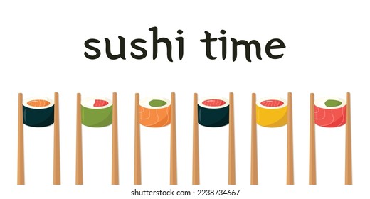 Hora de sushi. Pancarta vectorial con rollos sobre palos - sushi vegano y sushi con salmón. Ilustración de estilo plano. Comida asiática