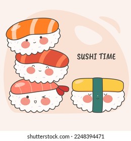 Tiempo de sushi. El sushi se pone con cara sonriente y mejillas rosadas. Kawaii roca. Cocina tradicional japonesa. Ilustración vectorial de material.