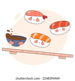 Sushi time.Cute Sushi set with smiling face and pink cheeks. Kawaii rolls. Japanese traditional cuisine dishes. Stock vector illustration.