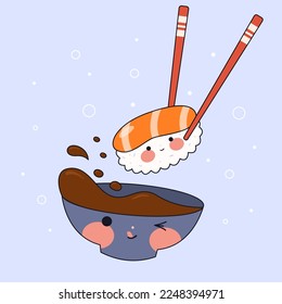 Sushi time.Cute Sushi set with smiling face and pink cheeks. Kawaii rolls. Japanese traditional cuisine dishes. Stock vector illustration.