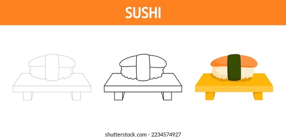 Sushi tracing and coloring worksheet for kids