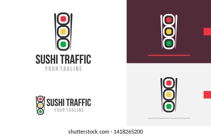 Sushi Traffic Light Logo design, Traffic light design concept, sushi roll with chopstick, sushi restaurant