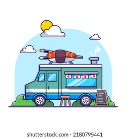 Sushi truck in the park. with big tasty sushi, illustration cartoon street food white isolated
