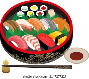 Sushi tub and Japanese nigiri sushi