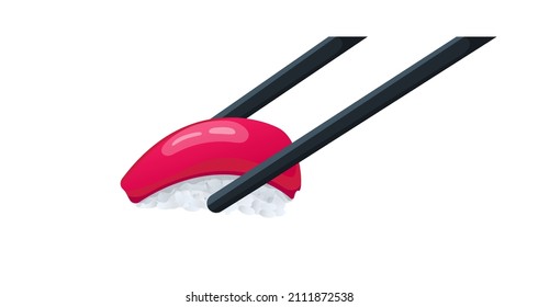 Sushi with tuna is held by black chopsticks. Japanese cuisine in the restaurant. Japanese food. Isolated on white background. Flat style. Vector illustration.