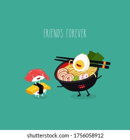 sushi tuna omelette ramen friends forever. Vector illustration.