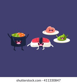 Sushi Tuna And Rice Cartoon Friends Colorful Funny Flat Vector Isolated Illustration On Blue Background