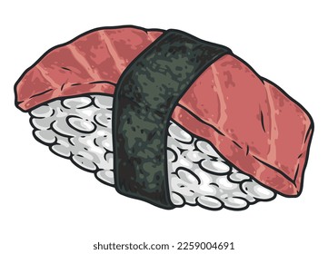 Sushi tuna sticker vintage colorful with Japanese appetizer with fresh fish fillet and boiled rice vector illustration