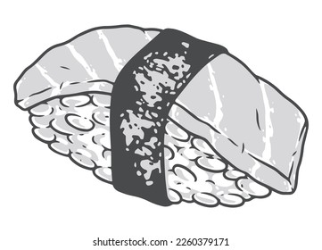 Sushi tuna vintage sticker monochrome healthy japanese fish fillet food on rice pad for recipe book decoration vector illustration