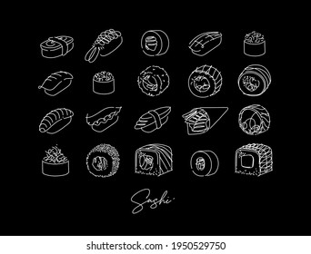 Sushi types poster drawing in line style on black background