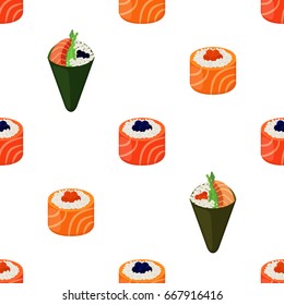 Sushi types - rolls, temaki seamless pattern. Raw fish, caviar, rice and nori in sushi. Made in cartoon flat style