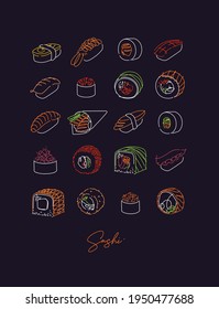 Sushi types set poster drawing in neon line style on dark background