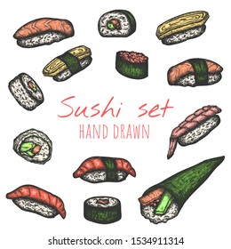Sushi types vector hand drawn set, isolated sketch illustrations.