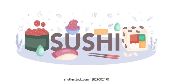 Sushi typographic header. Sushi chef in apron with cooking tool. Professional worker on the kitchen. Isolated vector illustration in cartoon style