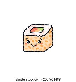 Sushi uramaki o sushi roll in-out kawaii lindo personaje, ilustración del vector de dibujos animados aislado en fondo blanco. El rollo de marisco del restaurante japonés.