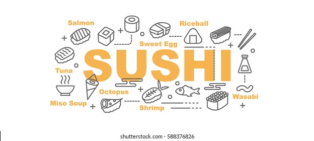 sushi vector banner design concept, flat style with thin line art icons on white background
