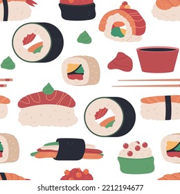 Sushi vector cartoon seamless pattern background for wallpaper, wrapping, packing, and backdrop.