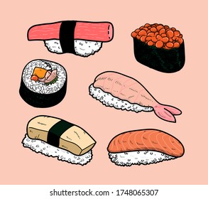 Colección de vectores de sushi Set, ilustración vectorial a mano del sushi