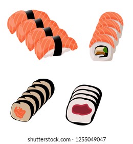 Sushi Vector elements. Japanese food design. Vector Asian food of salmon or unagi rolls, seafood sushi with rice and chopsticks on banana leaf