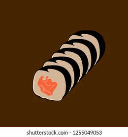 Sushi Vector elements. Japanese food design. Vector Asian food of salmon or unagi rolls, seafood sushi with rice and chopsticks on banana leaf