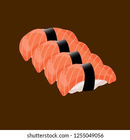 Sushi Vector elements. Japanese food design. Vector Asian food of salmon or unagi rolls, seafood sushi with rice and chopsticks on banana leaf