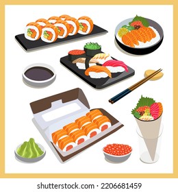 Sushi vector elements set. Different types of sushi and rolls. Plate with traditional japan rolls, seasoning sauces, and chopsticks. Food design elements on white isolated background.