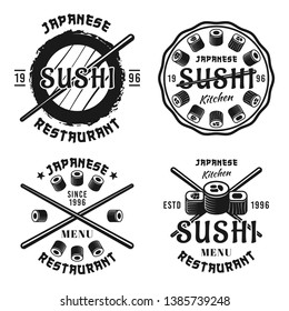Sushi vector four emblems, labels, badges or logos in vintage monochrome style isolated on white background