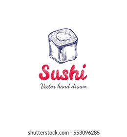 Sushi. Vector hand drawn label for asian food. Badge