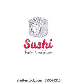 Sushi. Vector hand drawn label for asian food.Badge