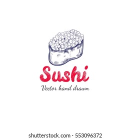 Sushi. Vector hand drawn label for asian food.Badge