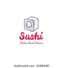 Sushi. Vector hand drawn label for asian food.Badge