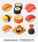 Sushi Vector Icon Set | 3D icon set | salmon nigiri, a pair of maki rolls, tuna nigiri, tamago nigiri, a salmon egg uramaki roll, a wooden plate with assorted sushi, and a soy sauce
