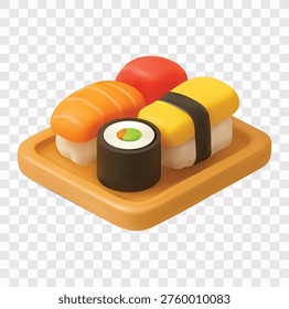 Sushi Vector Icon Set | 3D icon set | a wooden plate with assorted sushi