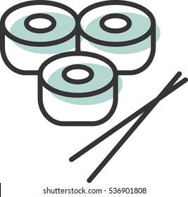 sushi vector icon for website, chopsticks holding sushi roll. concept of snack, susi, exotic nutrition, sushi restaurant, sea food. flat style trend modern logotype design vector illustration