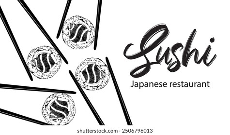 Sushi vector illustration. Banner for Japanese food restaurant. Black and white style.