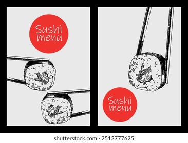 Ilustración vectorial de sushi. Menú de restaurante para comida japonesa. Diseño moderno en el tema de la comida y la cultura de Japón para tarjetas, Anuncios