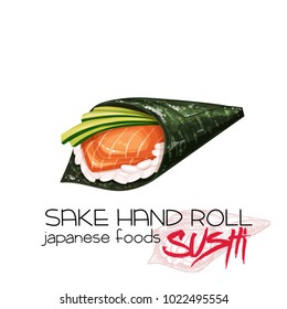 Sushi vector illustration. Sake hand roll. Japanese traditional food icon with salmon fish fillets.