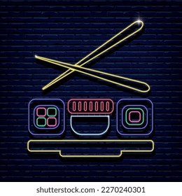 Sushi, vector image. Neon logo, signboard, icon. world cuisine
