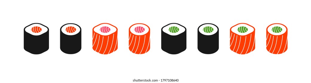 Sushi vector japanese set, japan roll collection with fresh tuna or salmon fish isolated illustration