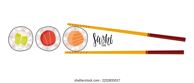 Sushi vector logo. Fresh Sushi rolls With Chopstick and lettering isolated on white background. Vector flat illustration For menu, recipe, Fast Food Bar, Shop, Sushi, Mackie, Onigiri. Japanese food