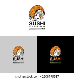 Sushi vector logo. Graphic symbol with fish cut into sushi and rolls