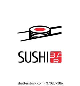 Sushi Vector Logo, Icon, Symbol, Emblem, Sign. Design Element For Japanese Restaurant, Delivery Service With Sticks Holding Sushi