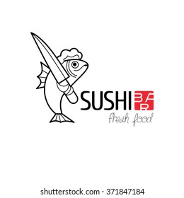 Sushi vector logo, icon, symbol, emblem for Japanese restaurant, delivery. Fish graphic illustration as a chef cooking sushi