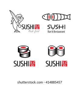 Sushi vector logo, icon, symbol set. Asian food emblems for restaurant, delivery. Illustration of fish cut into sushi and rolls