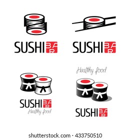 Sushi vector logo set. Asian food emblems for restaurant. Design element for sushi delivery menu, business card