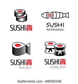 Sushi vector logo set. Graphic symbol with fish cut into sushi and rolls