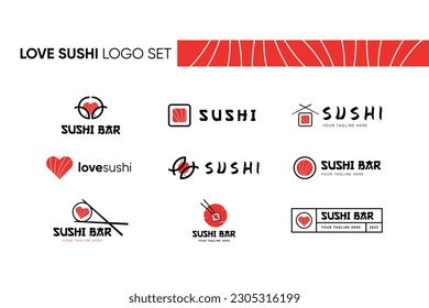 Sushi Vector Logo Set on White Background. Salmon Fish Pattern. Love Japan Cuisine. Heart Shaped Salmon Rolls with Chopsticks for Branding Identity, Banner, Outdoor Advertising, Web, Menu.