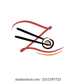 Sushi. Vector sushi roll chopsticks. ABC with sushi roll. Images of food. Minimalism. Beautiful letters. Line drawing. logo design initial Z combine with sushi. Restaurant, menu. Asian kitchen.