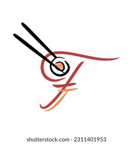 Sushi. Vector sushi roll chopsticks. ABC with sushi roll. Images of food. Minimalism. Beautiful letters. Line drawing. logo design initial F combine with sushi. Restaurant, menu. Asian kitchen.
